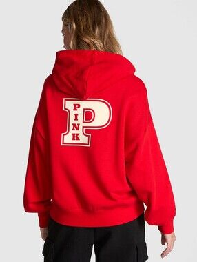 Victoria's Secret PINK Vermillion Red Zip-Up Hoodie Campus Sweatshirt Size Small